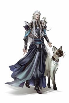 an image of a woman with white hair walking next to a cat