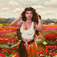 a painting of a woman standing in a field with flowers on the ground and holding a purse