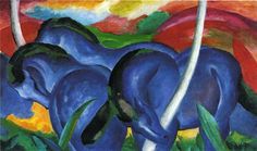 a painting of three blue elephants in front of a colorful sky with clouds and trees