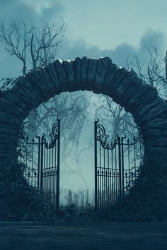 an old stone gate with wrought iron gates in front of trees and foggy sky