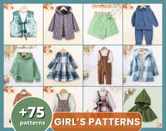 a collage of different outfits for girls and boys with text overlay that reads 75 + patterns