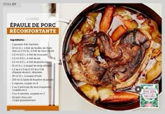 an image of food in a pot with french words on the front and back side