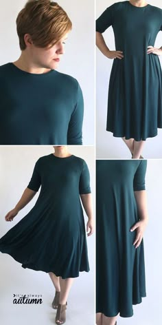 four photos of a woman wearing a green dress with short sleeves and high low heels