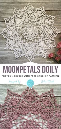 crochet doily with the title moonpetals doily