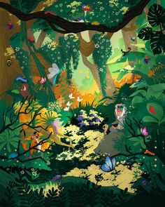 a painting of a forest with lots of trees and butterflies