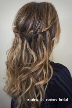 Straight Hair Waterfall Braid, Curled Hair With Waterfall Braid, Waterfall Braid Bridal Hair, Wedding Hairstyles Waterfall Braid, Curled Hair With Braid Half Up, Half Up Half Down Hair Waterfall Braid, Waterfall Braid Front View, Wedding Waterfall Braid, Waterfall Braid Bridesmaid