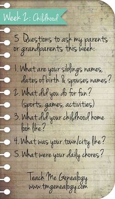 a list with the words, questions to ask my parents or grandparents this week