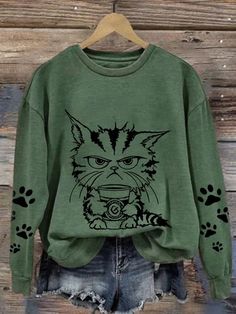 Women's Merry Christmas Print Sweatshirt Casual Long Sleeve Tops With Cat Design, Casual Long Sleeve Top With Cat Print, Casual Cat Design Tops For Fall, Casual Fall Tops With Cat Design, Winter Crew Neck Top With Cat Print, Casual Tops With Cat Design For Fall, Fall Crew Neck Top With Cat Print, Fall Cat Print Crew Neck Top, Casual Crew Neck Sweatshirt With Cat Print