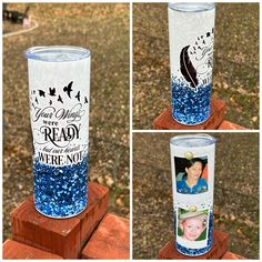 three different shots of the same cup with pictures on it, one is blue and the other is white