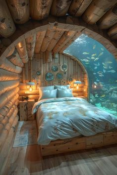 an underwater bedroom with fish swimming in the water and wooden walls, along with a bed made out of wood planks