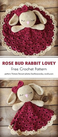 the crocheted bunny is sitting on top of a doily and has been made with