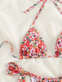 Lasaky - Womens Red Floral Print Triangle 2 Piece Set Bikini: Halter Tie Strap, Spaghetti Strap Stretchy Swimsuits – Swimwear & Clothing Red Floral Print, Cleaning Materials, Swimwear Outfit, 2 Piece Set, Red Floral, Lady In Red, Types Of Printing, 2 Piece, Spaghetti Strap