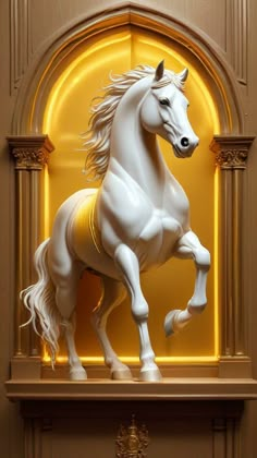 a statue of a white horse in front of a yellow arch