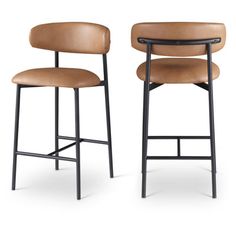 two brown leather bar stools with black frame and backrests, one in the same color as the other