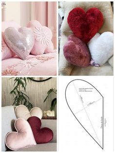 four different pictures with hearts and pillows on the same page, one has a heart shaped pillow