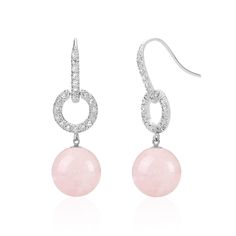 "Make a style statement with these light pink drop dangle earrings for women featuring 10 mm round rose quartz stones hanging from cubic zirconia accented ear wires. Perfect pair for an event out, weddings and special occasions. PRODUCT INFORMATION - METAL: Sterling Silver - PLATING - Rhodium plated for shine, durability and a tarnish resistant finish - LENGTH: 1.5\" or 38MM - WIDTH: 0.4\" or 10MM - DROP LENGTH: 1.25\" or 30MM - EARRING BACKING: Ear wire - GEMSTONE: Rose Quartz - STONE CUT: Roun Silver Bridal Earrings, Rose Quartz Jewelry, Usa Jewelry, Rose Quartz Earrings, Chakra Jewelry, Garnet Jewelry, Rose Quartz Stone, Quartz Jewelry, Drop Dangle Earrings