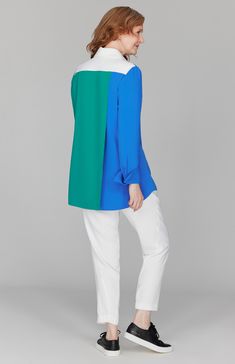 Our best-selling collared button down shirt, featuring a back overlap for beautiful movement and comfort. Now updated with new playful color blocked combinations. Chic Color Block Blouse For Work, Color Block Long Sleeve Work Blouse, Color Block Long Sleeve Blouse For Work, Modern Multicolor Tops For Work, Spring Workwear Blouse With Color Block, Workwear Color Block Long Sleeve Blouse, Color Block Blouse For Work, Color Block Blouse For Workwear, Workwear Color Block Blouse