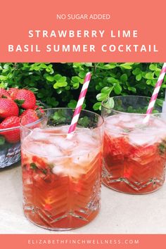 strawberry lime basil summer cocktail with strawberries in the background