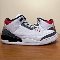 Nike Air Jordan 3 Iii Retro Denim Se Fire Red 2020 White Size 10.5 Sneakers Cz6431-100. Used And No Box. Some Faint Blue Spots On One Shoe, Practically Not Noticeable On Foot. Missing Insoles. Small Tear On Sock Liner. Signs Of Wear But Still A Sick Pair Of Kicks! Nike Air Jordan 3, Jordan 3 Retro, Air Jordan 3, Liner Socks, Jordan 3, Jordans For Men, Red Fire, Jordan Shoes, Nike Air Jordan