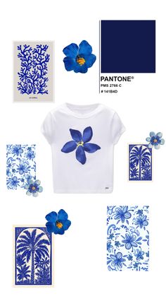 some blue and white items are arranged in the shape of an abstract flower on a t - shirt