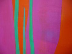 an orange and pink painting with green stems in the center, on a purple background