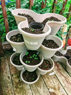 several white buckets filled with plants on top of a wooden table