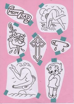 some stickers that are on the side of a pink paper