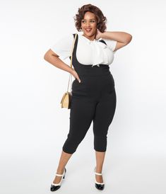 This chic plus size pair of of pinafore capris is crafted in a black bengaline. The banded waist is cinched with a back zipper while the suspenders perfectly compliment the bust. Perfect for dressing up or dressing down!Available in sizes XS-5X while supplies last. Black Pinafore, Rockabilly Looks, Chic Plus Size, Vintage Plus Size, Plus Size Black, Art References, Dressed Down, Suspenders, Unique Vintage