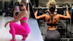 two women doing squats in the gym, one with her back turned to the camera