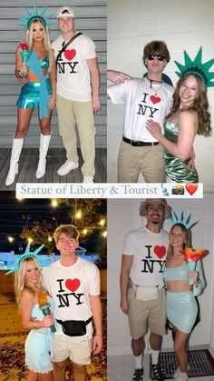 four pictures of people dressed up in costumes and posing for the camera, one is wearing a t - shirt that says i love new york