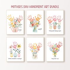 four handprint art cards with flowers in vases and the words mother's day