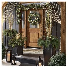 a front door decorated for christmas with wreaths and lights