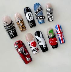 Punk Aesthetic Nails, Cool Gel X Nails, Rock Concert Nail Designs, Punk Rock Nail Art, Creative Nail Sets, Emo Goth Nails, Street Nails Designs, Fun Nail Art Creative, Punk Nail Ideas