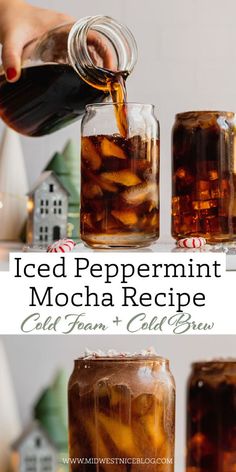 iced peppermint mocha recipe in mason jars with text overlay that says iced peppermint mocha recipe