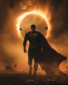 the man of steel character is standing in front of an eclipse