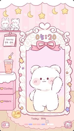 a white teddy bear sitting in front of a pink frame with stars and hearts on it