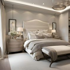 a large white bed sitting in a bedroom next to a dresser and mirror on the wall