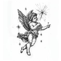 Cherub Master Tattoo Designs Star Angel Art, Blind Cupid Tattoo, Cherubs Tattoo Designs, Cherub Tattoo Designs For Men, Masculine Chest Tattoos, Black Angel Tattoo Design, Cherub Hand Tattoo, 3 Angels Tattoo Designs, Cherub Baby Shower Theme