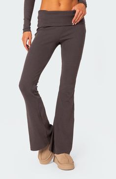 Find EDIKTED Coffee Break Rib Flare Leggings on Editorialist. Build your sporty looks from the bottom up in these stretchy ribbed pants finished with flared legs to switch your comfy style up a bit. Elastic waist 95% cotton, 5% spandex Machine wash, dry flat Imported Casual Stretch Flares, Casual Flare Bottoms With High Stretch, Casual High-stretch Flare Bottoms, Casual Flare High Stretch Bottoms, Casual Brown Yoga Pants For Fall, Casual Flare Stretch Yoga Pants, Fall Ribbed Gray Bottoms, Casual Stretch Elastane Flares, Casual High-stretch Brown Yoga Pants