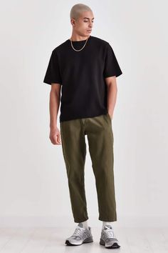 Men's Summer Outfits For Men Outfits: 100s Of Stylish Looks For 2023 Black Shirt Green Pants Outfit, Black And Olive Green Outfit, Cropped Pants Men Outfit, Club Outfits For Men Night, Black Running Shoes Outfit, Cropped Shirt Outfit Men, Green And Khaki Outfit, Men Night Out Outfit