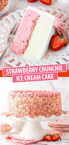 strawberry crunchie ice cream cake on a white plate