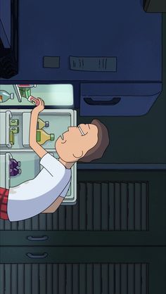 a man looking into an open refrigerator in the simpsons cartoon, bob's burgers