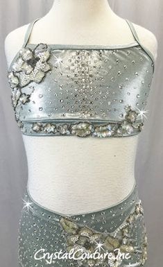 Shimmery Lt Grey lycra top and booty short decorated with Graphite beaded/Iridescent sequin/pearl appliques and LOTS of Swarovski rhinestones! * Over 4 gross of Swarovski Enhanced Crystal 30ss, Crystal 20ss Rhinestones! Glamorous Fitted Embellished Sets, Glamorous Silver Fitted Sets, Fitted Rhinestone Party Sets, Fitted Party Sets With Rhinestones, Baggy Clothing, Iridescent Sequin, Boy Cuts, Costumes For Sale, Beaded Applique