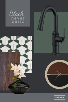 a black kitchen faucet with white flowers in it and green tile wallpaper