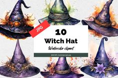 watercolor witches hats with the words 10 witch hat illustrations on it's side