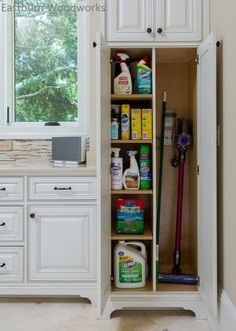 an organized cabinet with cleaning products in it