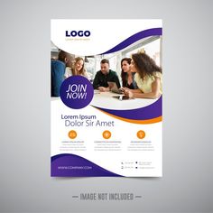 a purple and orange business flyer template with people in an office setting on the background