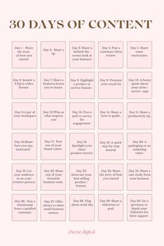 the 30 days of content calendar is shown in pink and white with black lettering on it