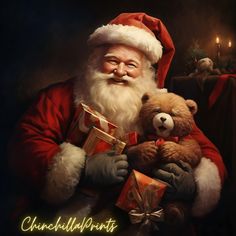 a painting of santa claus holding a teddy bear with presents in front of him on a dark background