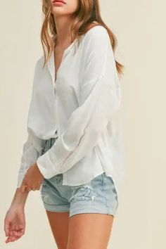 The Tiny Details Relaxed White Long Sleeve Button Shirt Classic Closet, White Knit Top, Beachy Vibes, Shirt Tunic Top, Acid Wash Denim, High Waisted Jean Shorts, White Button Up, Mini Short, Tunic Shirt